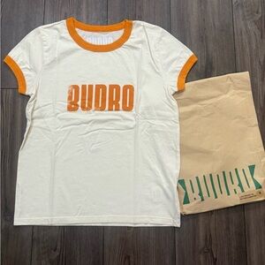 BUDRO Logo Ringer Tee Small Butter Clementine Retro 90s Athletic Shirt USA Made